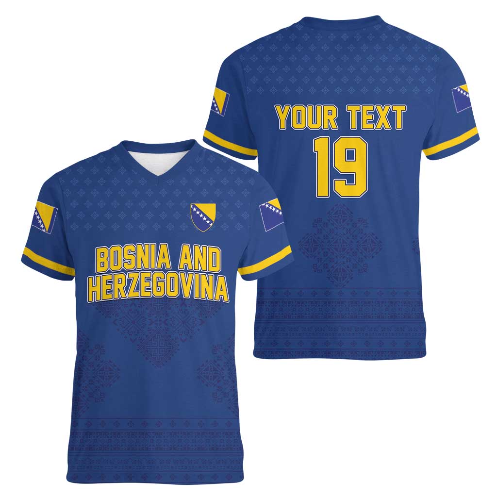 Custom Bosnia and Herzegovina Football 2026 Women V-Neck T-Shirt Zmijanje Embroidery Pride