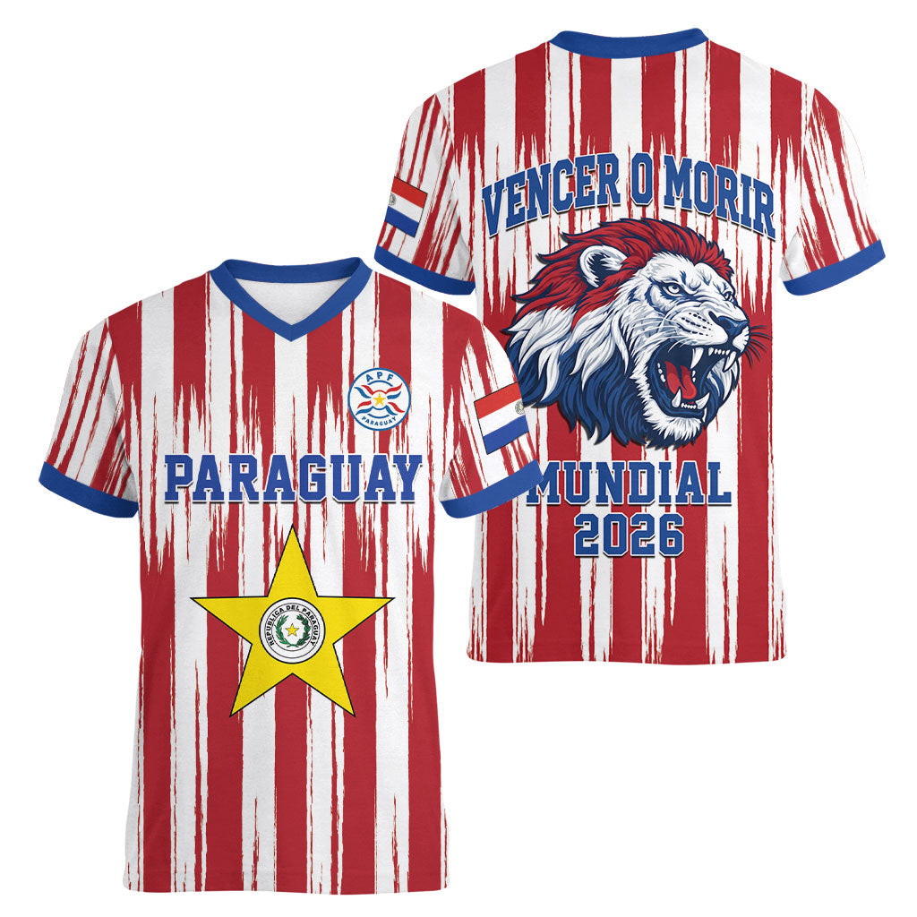 Paraguay Football Mundial 2026 Women V-Neck T-Shirt Lion Vencer O Morir Supporter