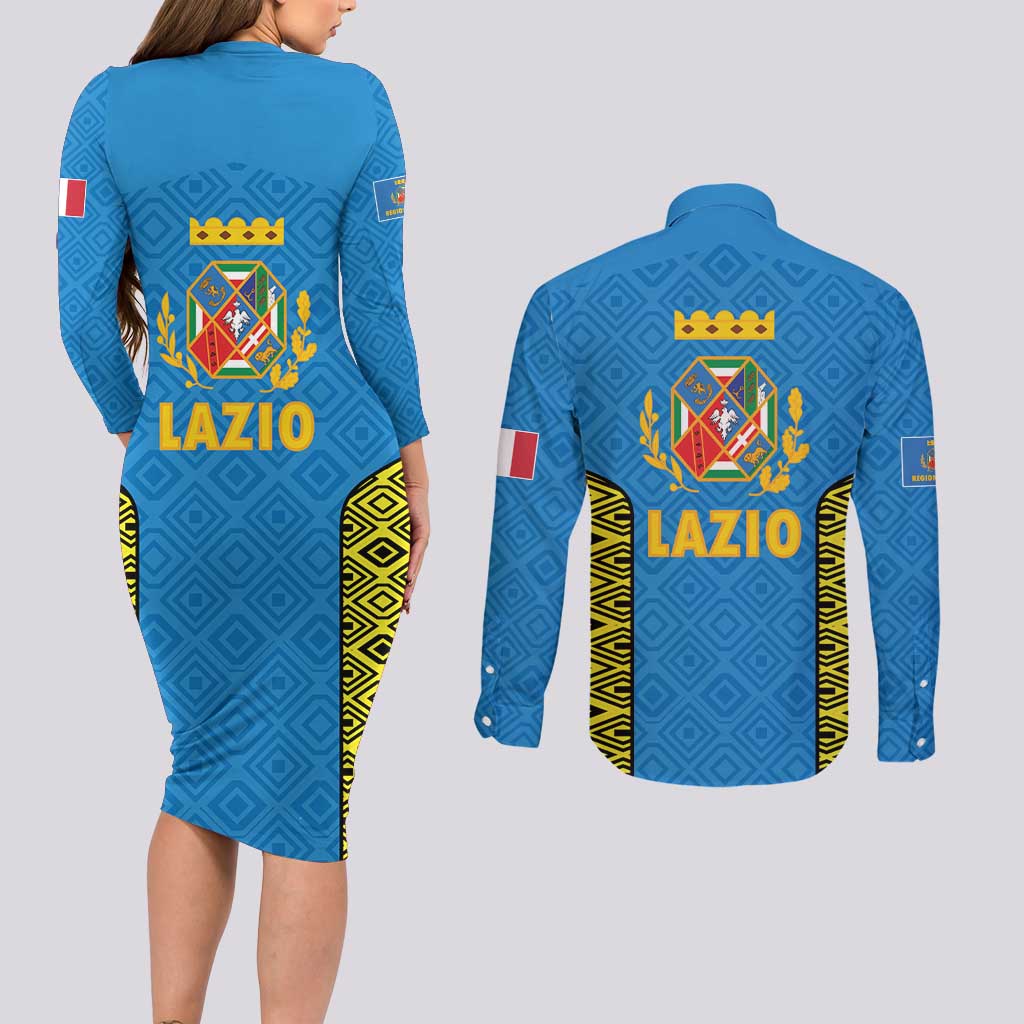 Italy Lazio Couples Matching Long Sleeve Bodycon Dress and Long Sleeve Button Shirt Flag Style LT19