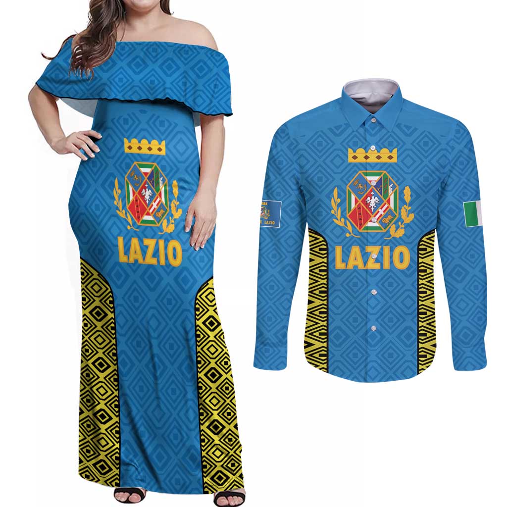 Italy Lazio Couples Matching Off Shoulder Maxi Dress and Long Sleeve Button Shirt Flag Style LT19