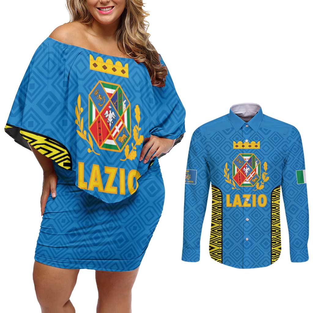 Italy Lazio Couples Matching Off Shoulder Short Dress and Long Sleeve Button Shirt Flag Style LT19