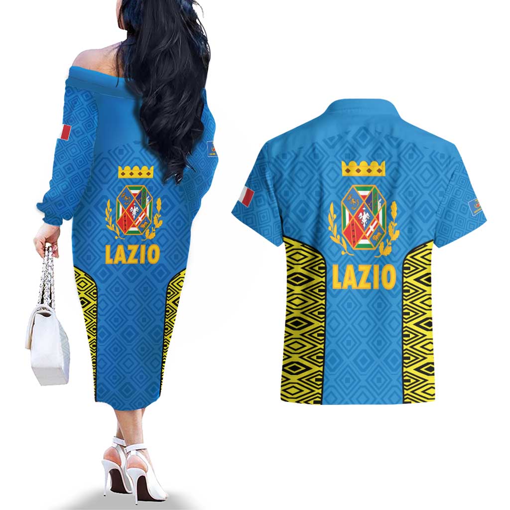 Italy Lazio Couples Matching Off The Shoulder Long Sleeve Dress and Hawaiian Shirt Flag Style LT19