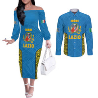 Italy Lazio Couples Matching Off The Shoulder Long Sleeve Dress and Long Sleeve Button Shirt Flag Style LT19