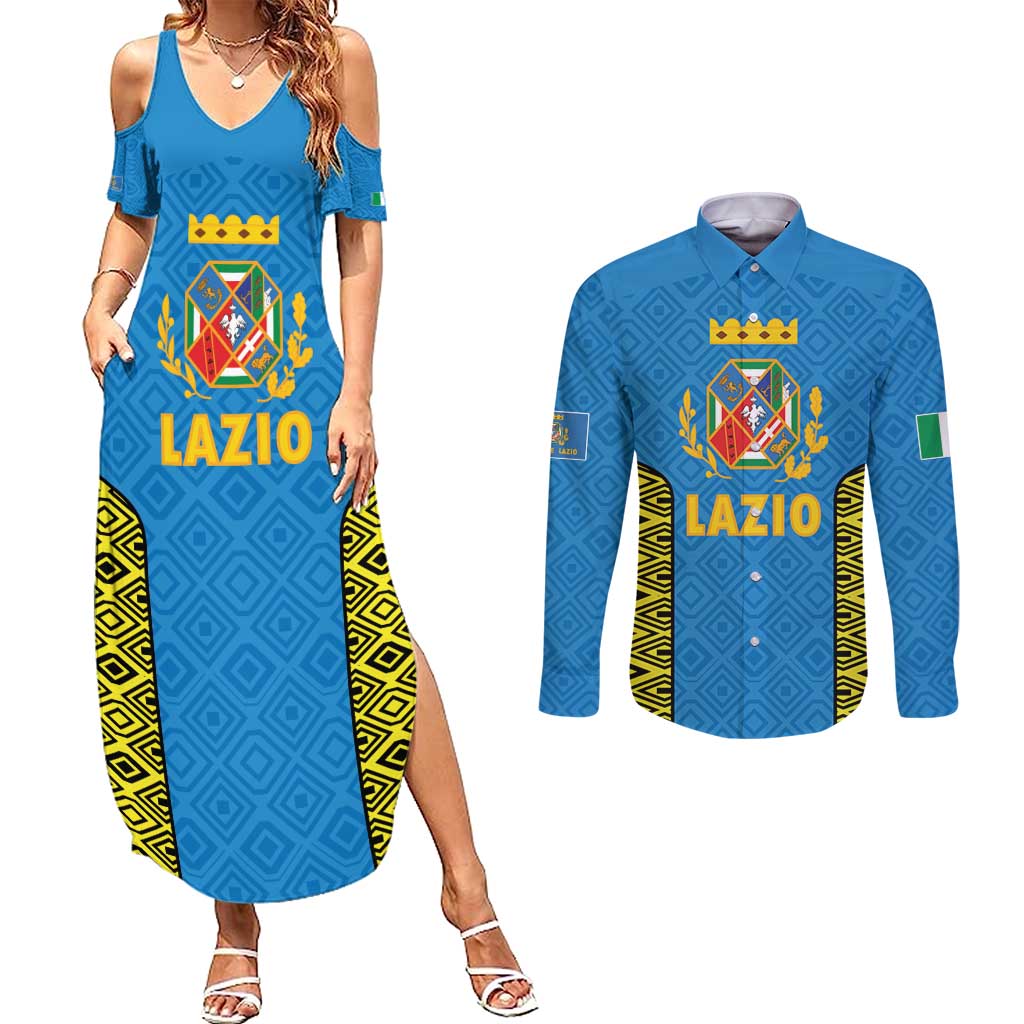 Italy Lazio Couples Matching Summer Maxi Dress and Long Sleeve Button Shirt Flag Style LT19