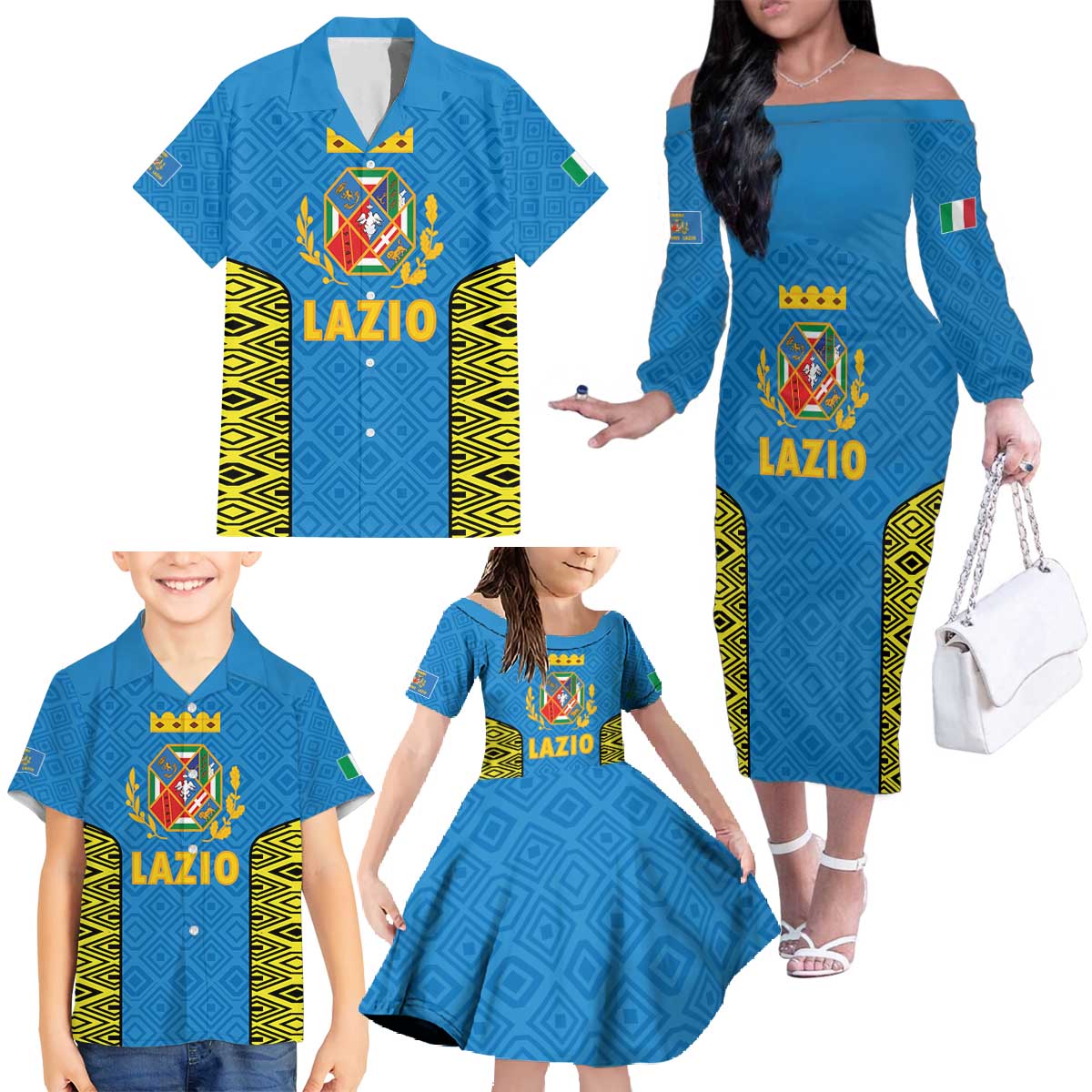 Italy Lazio Family Matching Off The Shoulder Long Sleeve Dress and Hawaiian Shirt Flag Style LT19