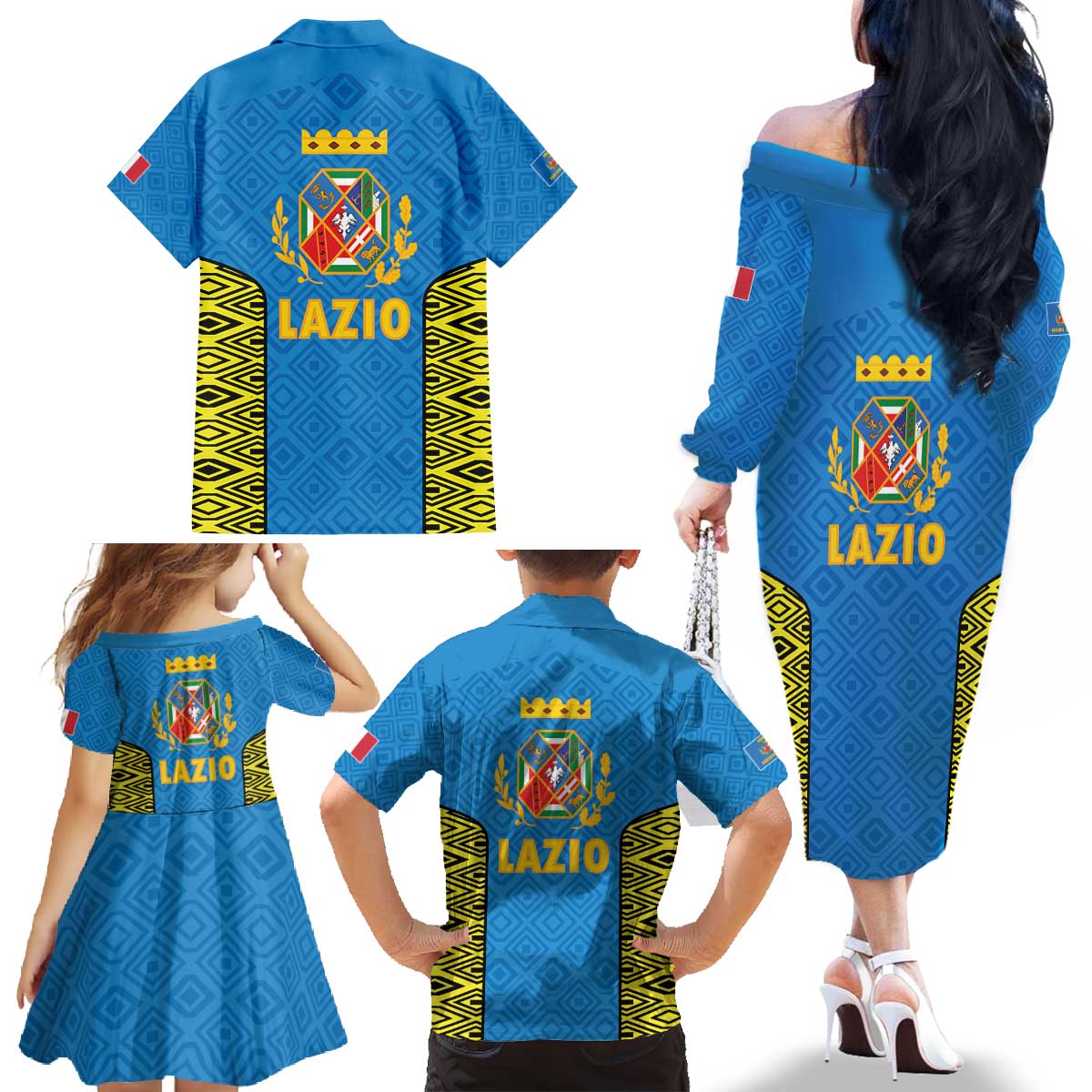 Italy Lazio Family Matching Off The Shoulder Long Sleeve Dress and Hawaiian Shirt Flag Style LT19