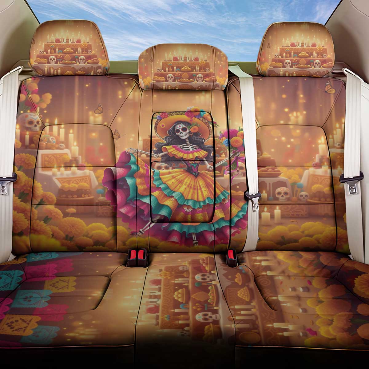 Mexico Day Of The Dead Back Car Seat Cover Día de los Muertos Catrina - Wonder Print Shop