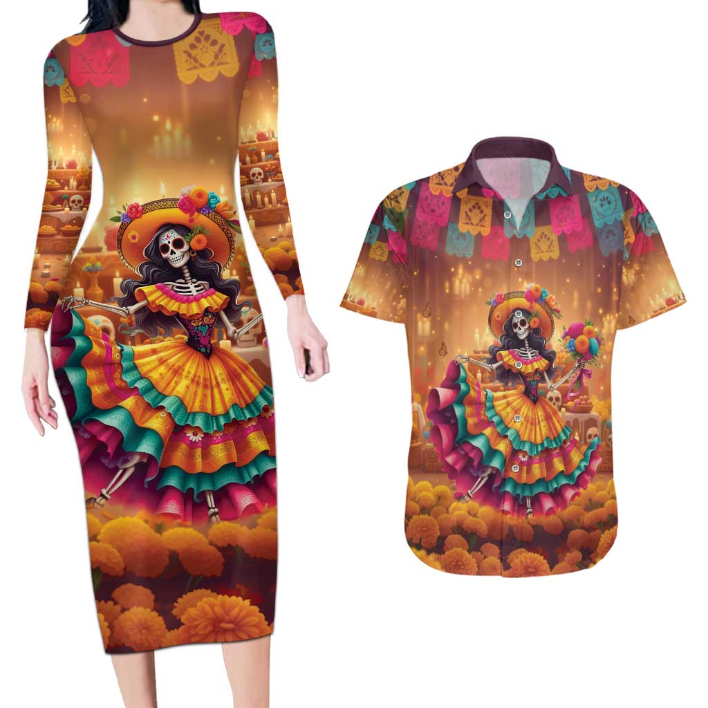 Mexico Day Of The Dead Couples Matching Long Sleeve Bodycon Dress and Hawaiian Shirt Día de los Muertos Catrina - Wonder Print Shop