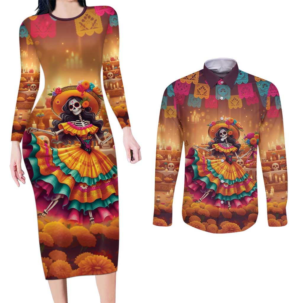 Mexico Day Of The Dead Couples Matching Long Sleeve Bodycon Dress and Long Sleeve Button Shirt Día de los Muertos Catrina - Wonder Print Shop
