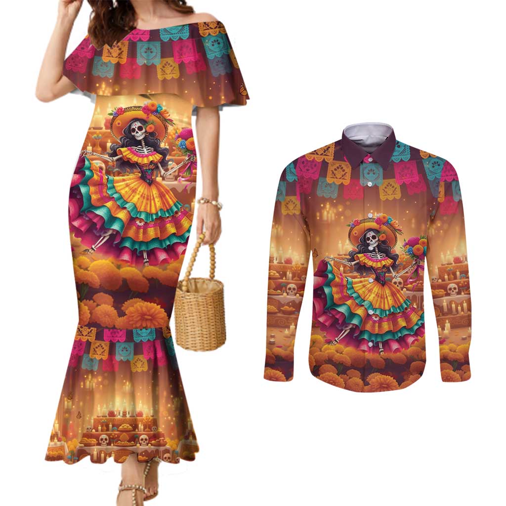 Mexico Day Of The Dead Couples Matching Mermaid Dress and Long Sleeve Button Shirt Día de los Muertos Catrina - Wonder Print Shop