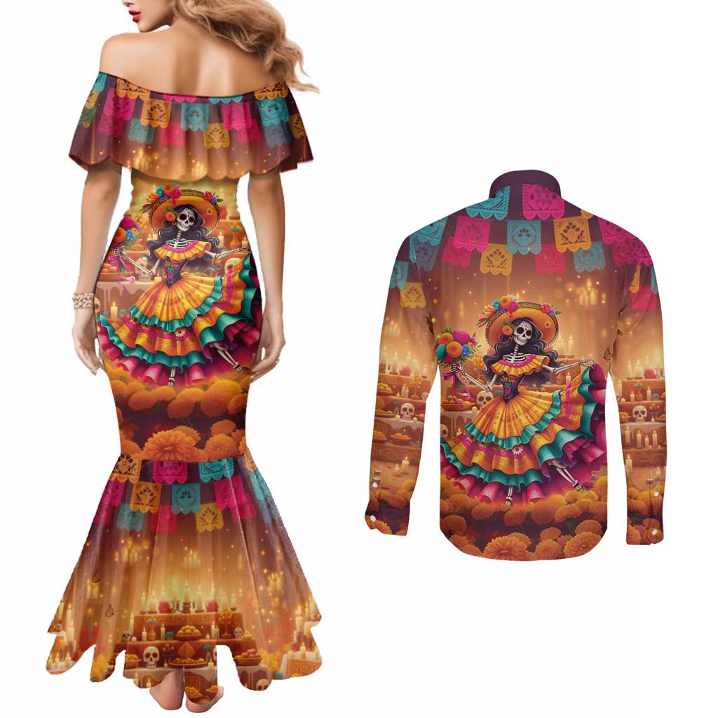 Mexico Day Of The Dead Couples Matching Mermaid Dress and Long Sleeve Button Shirt Día de los Muertos Catrina - Wonder Print Shop