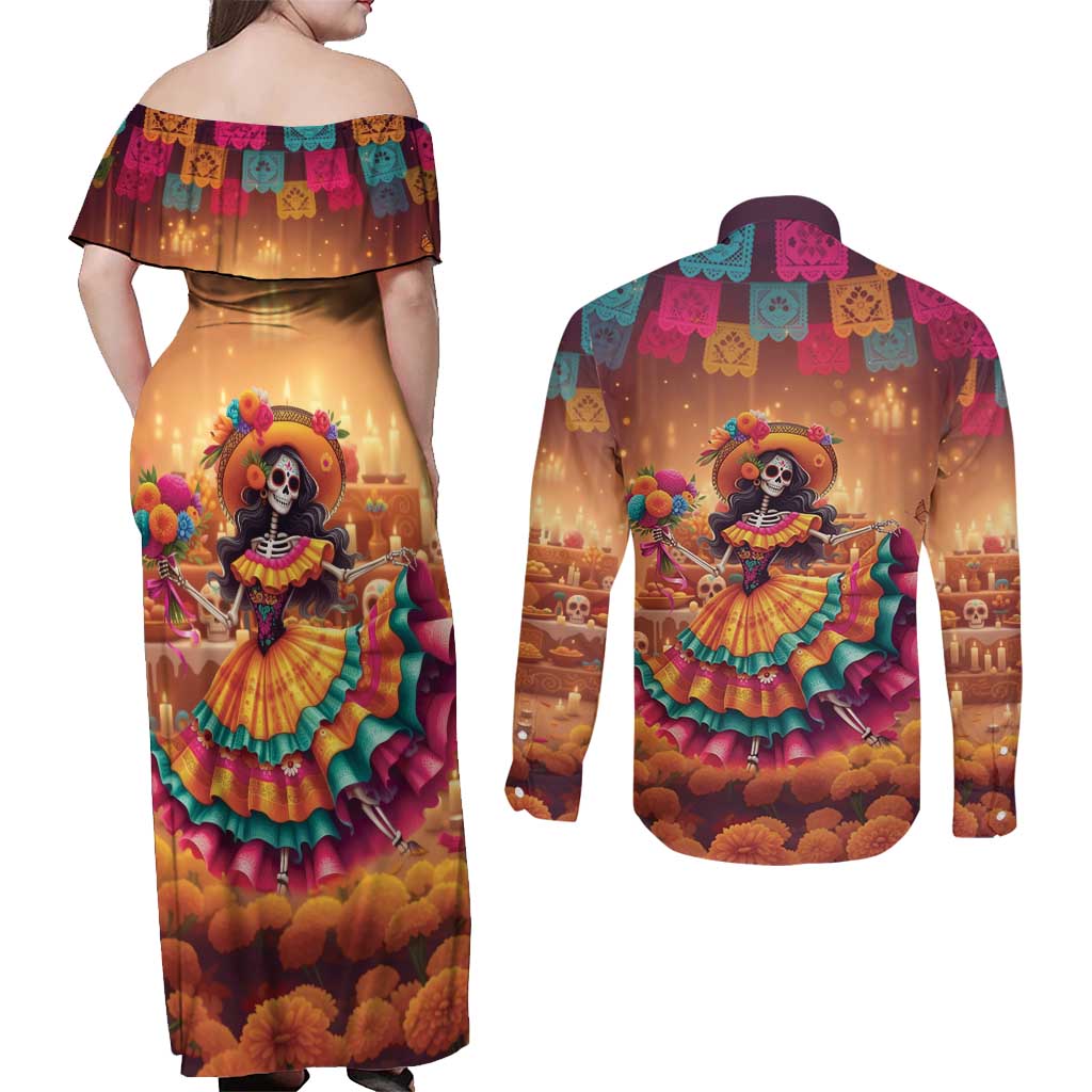 Mexico Day Of The Dead Couples Matching Off Shoulder Maxi Dress and Long Sleeve Button Shirt Día de los Muertos Catrina - Wonder Print Shop