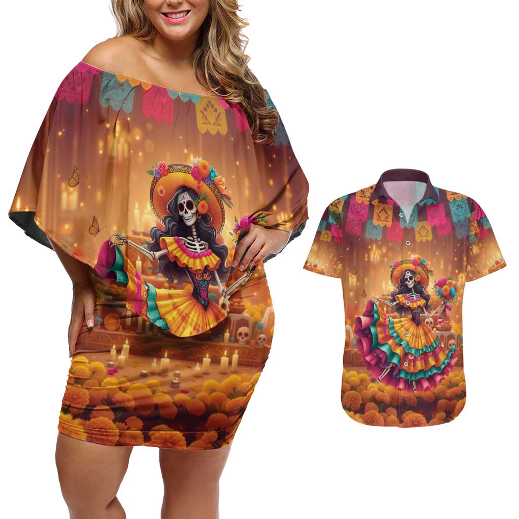 Mexico Day Of The Dead Couples Matching Off Shoulder Short Dress and Hawaiian Shirt Día de los Muertos Catrina - Wonder Print Shop