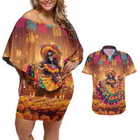 Mexico Day Of The Dead Couples Matching Off Shoulder Short Dress and Hawaiian Shirt Día de los Muertos Catrina - Wonder Print Shop