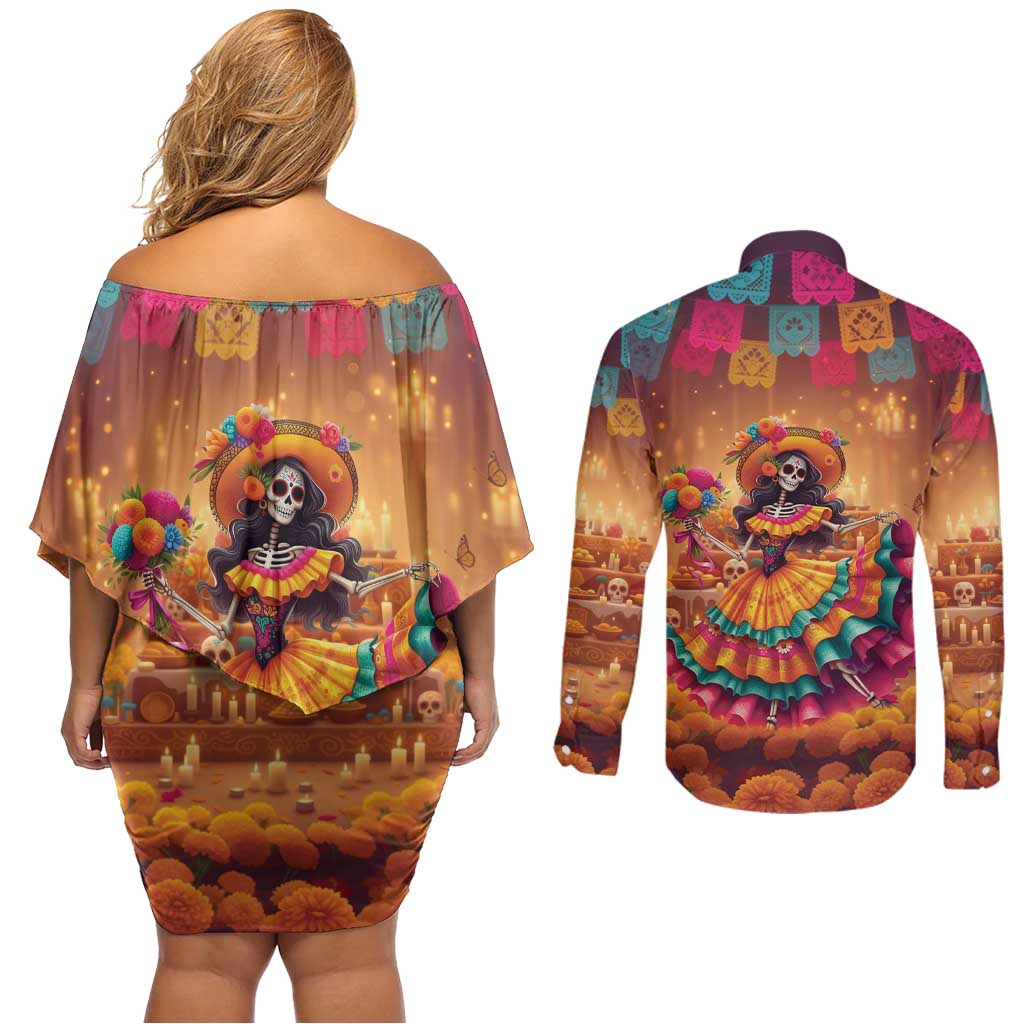 Mexico Day Of The Dead Couples Matching Off Shoulder Short Dress and Long Sleeve Button Shirt Día de los Muertos Catrina - Wonder Print Shop