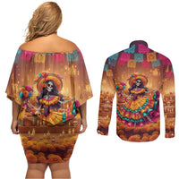 Mexico Day Of The Dead Couples Matching Off Shoulder Short Dress and Long Sleeve Button Shirt Día de los Muertos Catrina - Wonder Print Shop