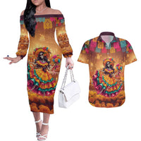 Mexico Day Of The Dead Couples Matching Off The Shoulder Long Sleeve Dress and Hawaiian Shirt Día de los Muertos Catrina - Wonder Print Shop