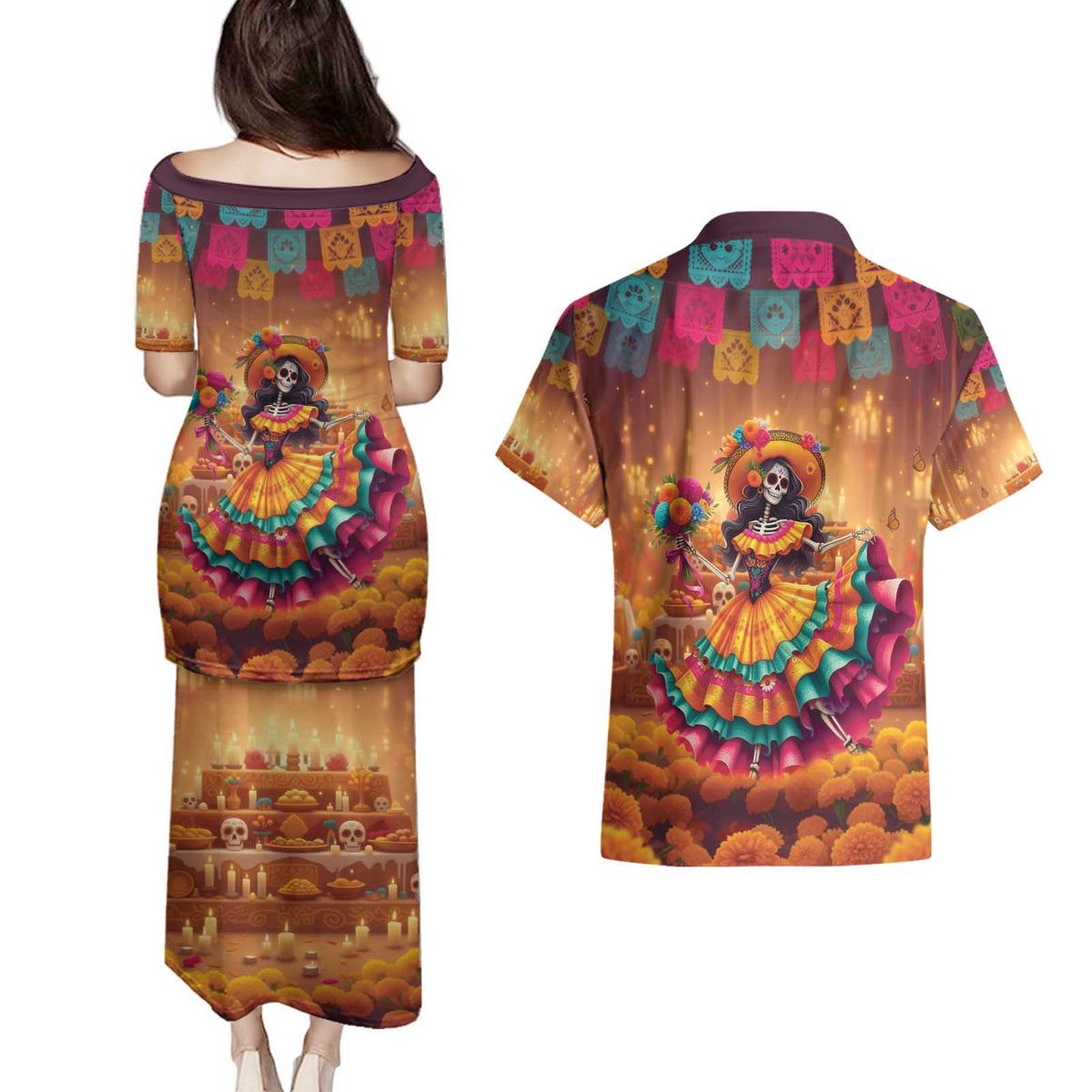 Mexico Day Of The Dead Couples Matching Puletasi and Hawaiian Shirt Día de los Muertos Catrina - Wonder Print Shop