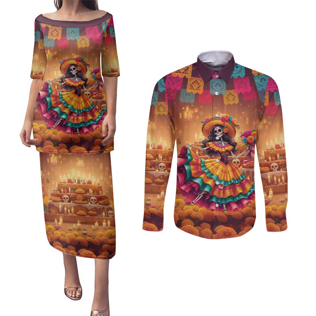 Mexico Day Of The Dead Couples Matching Puletasi and Long Sleeve Button Shirt Día de los Muertos Catrina - Wonder Print Shop