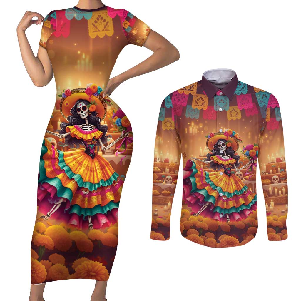 Mexico Day Of The Dead Couples Matching Short Sleeve Bodycon Dress and Long Sleeve Button Shirt Día de los Muertos Catrina - Wonder Print Shop