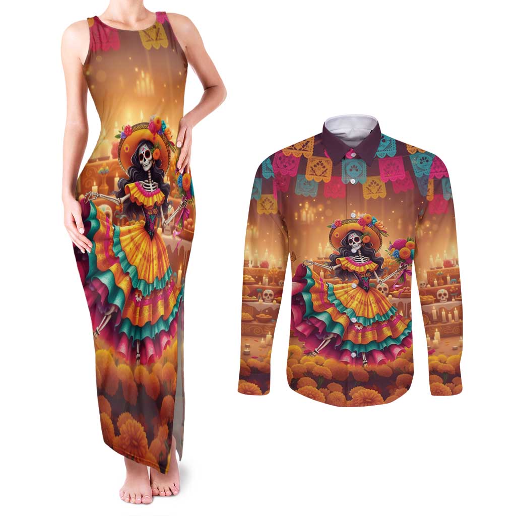 Mexico Day Of The Dead Couples Matching Tank Maxi Dress and Long Sleeve Button Shirt Día de los Muertos Catrina - Wonder Print Shop