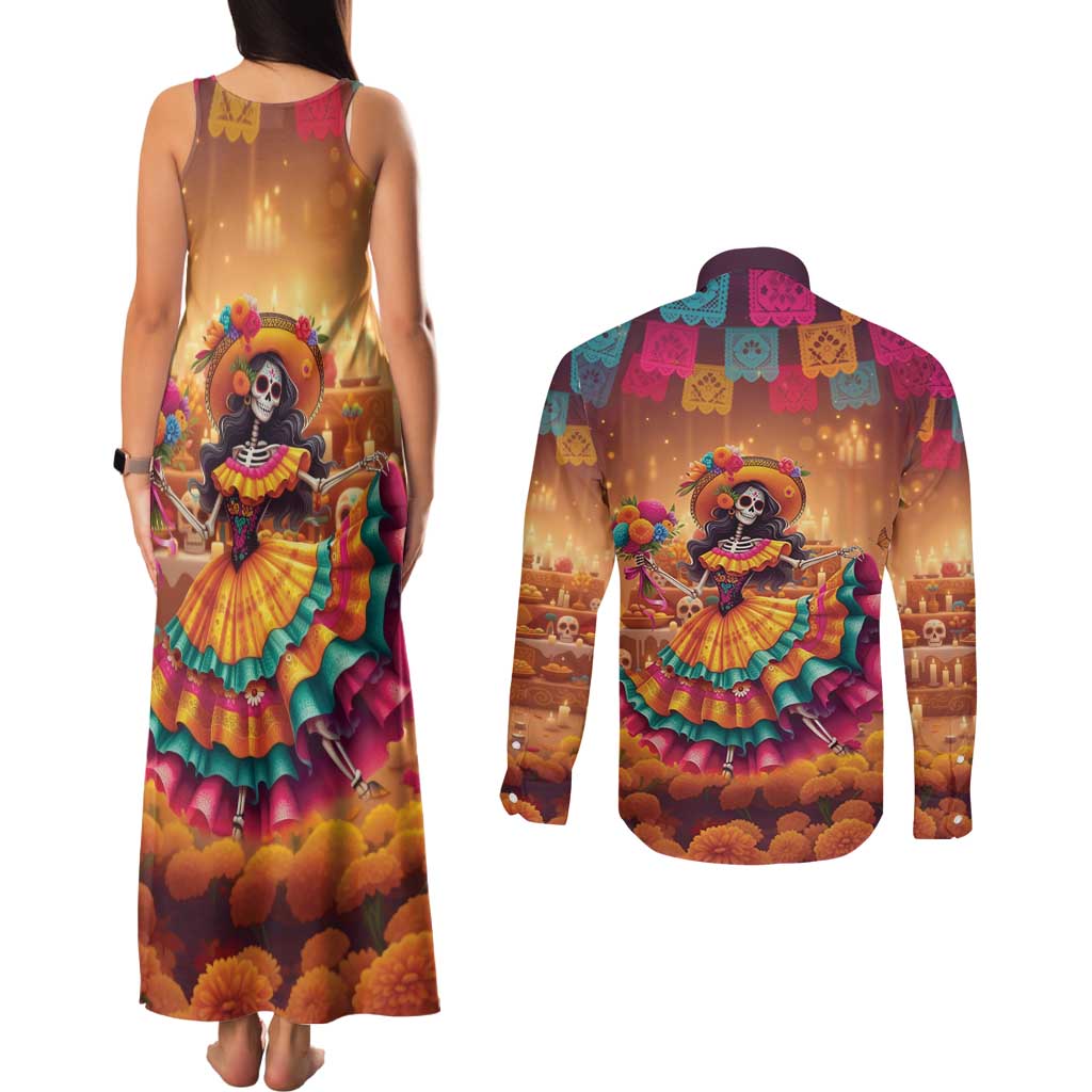 Mexico Day Of The Dead Couples Matching Tank Maxi Dress and Long Sleeve Button Shirt Día de los Muertos Catrina - Wonder Print Shop