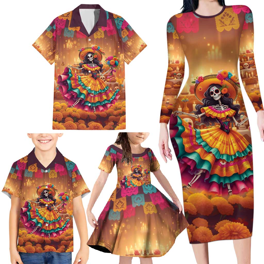 Mexico Day Of The Dead Family Matching Long Sleeve Bodycon Dress and Hawaiian Shirt Día de los Muertos Catrina - Wonder Print Shop