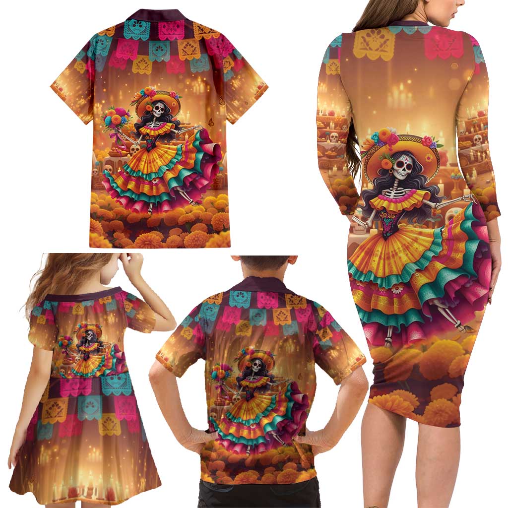 Mexico Day Of The Dead Family Matching Long Sleeve Bodycon Dress and Hawaiian Shirt Día de los Muertos Catrina - Wonder Print Shop