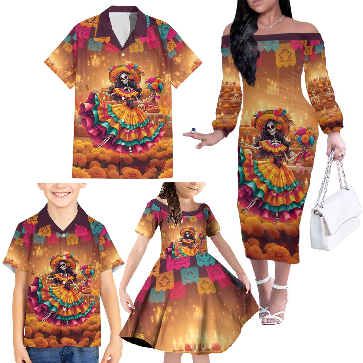 Mexico Day Of The Dead Family Matching Off The Shoulder Long Sleeve Dress and Hawaiian Shirt Día de los Muertos Catrina - Wonder Print Shop