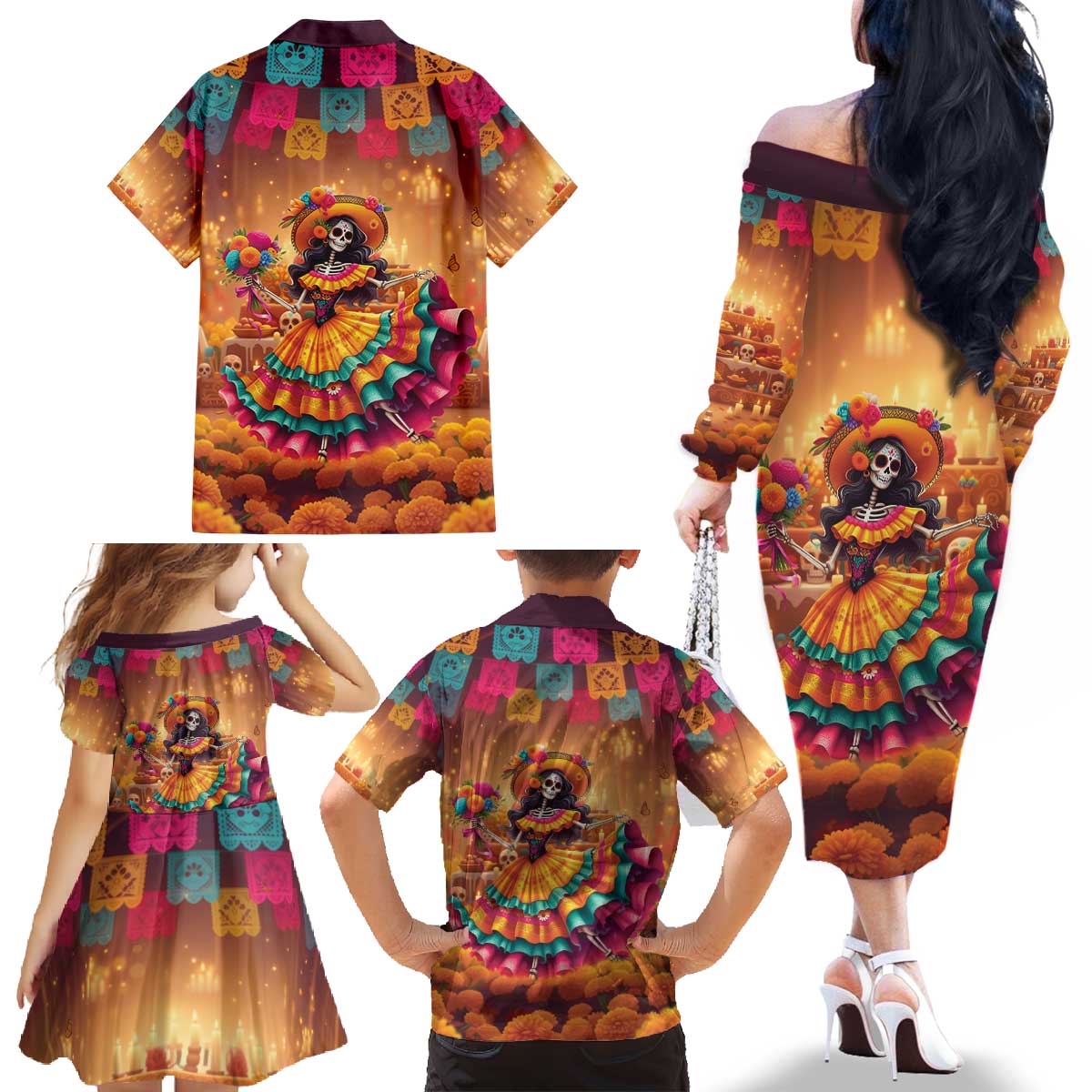 Mexico Day Of The Dead Family Matching Off The Shoulder Long Sleeve Dress and Hawaiian Shirt Día de los Muertos Catrina - Wonder Print Shop