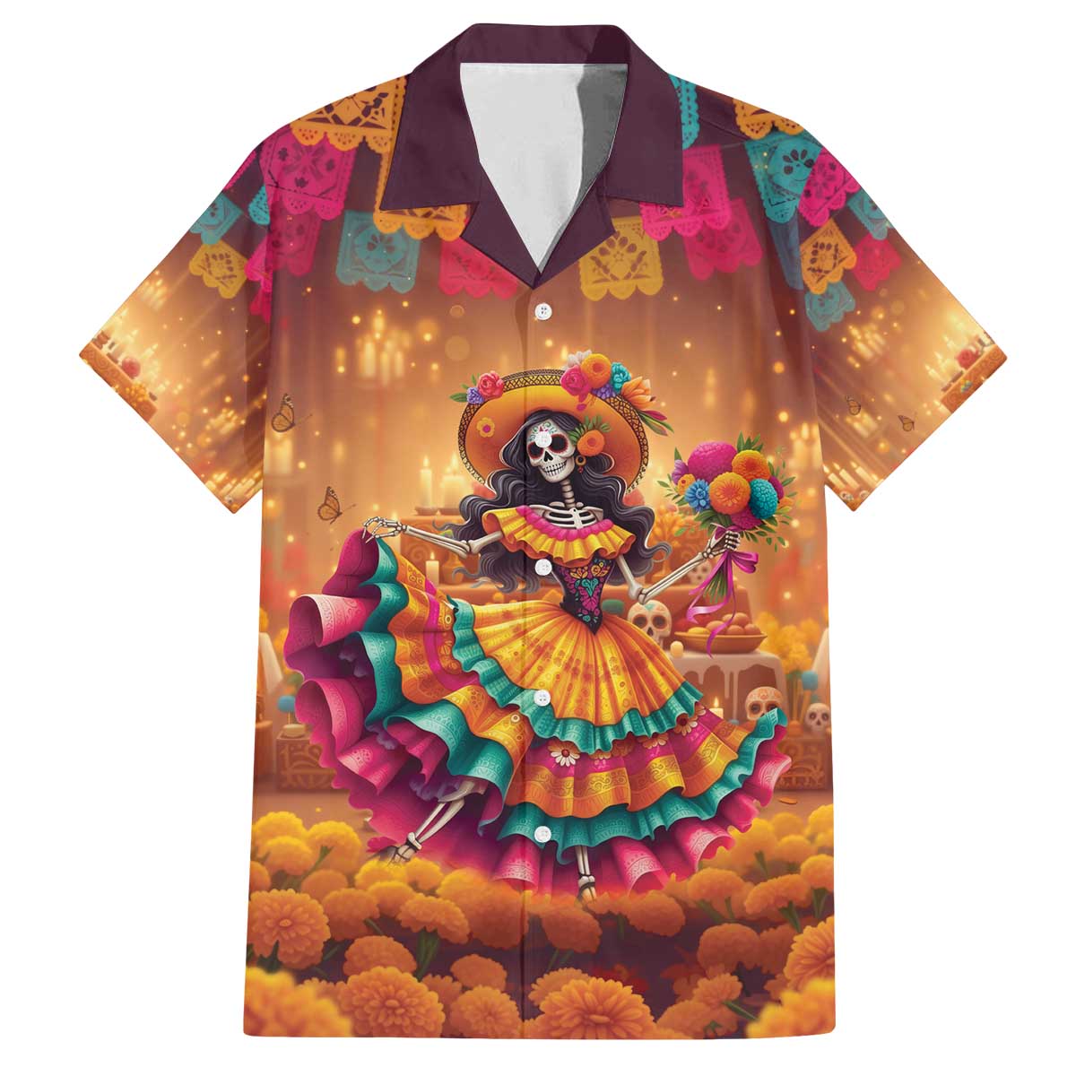 Mexico Day Of The Dead Family Matching Off The Shoulder Long Sleeve Dress and Hawaiian Shirt Día de los Muertos Catrina - Wonder Print Shop
