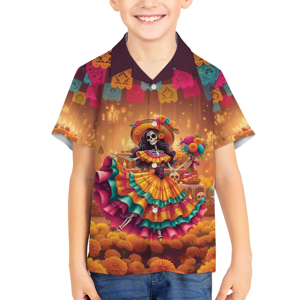 Mexico Day Of The Dead Family Matching Off The Shoulder Long Sleeve Dress and Hawaiian Shirt Día de los Muertos Catrina - Wonder Print Shop