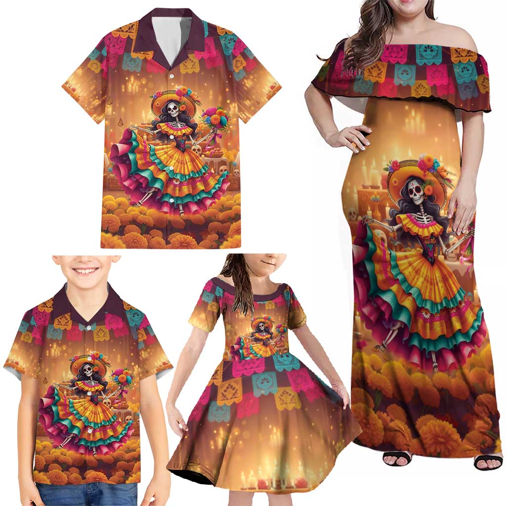 Mexico Day Of The Dead Family Matching Off Shoulder Maxi Dress and Hawaiian Shirt Día de los Muertos Catrina - Wonder Print Shop