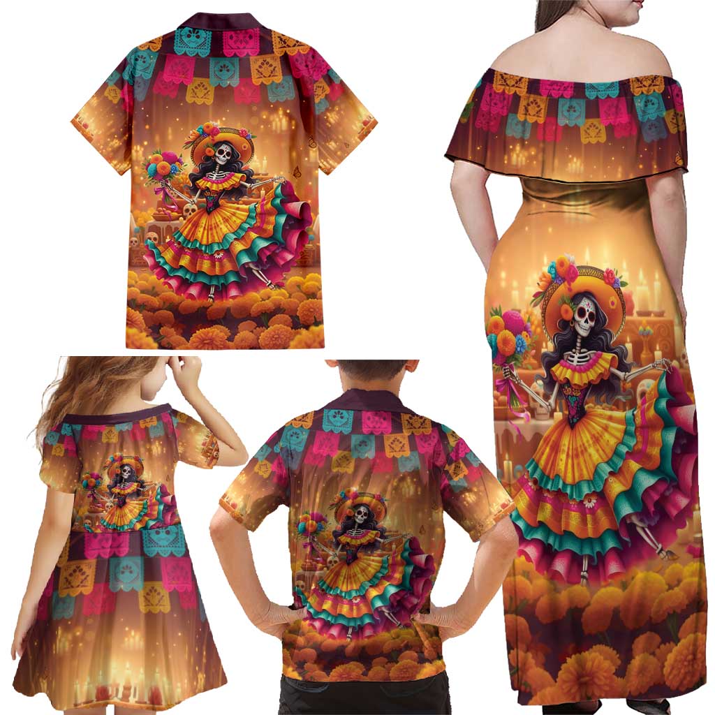 Mexico Day Of The Dead Family Matching Off Shoulder Maxi Dress and Hawaiian Shirt Día de los Muertos Catrina - Wonder Print Shop