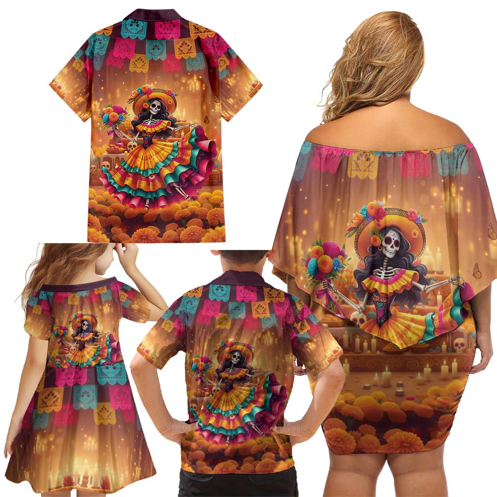Mexico Day Of The Dead Family Matching Off Shoulder Short Dress and Hawaiian Shirt Día de los Muertos Catrina - Wonder Print Shop