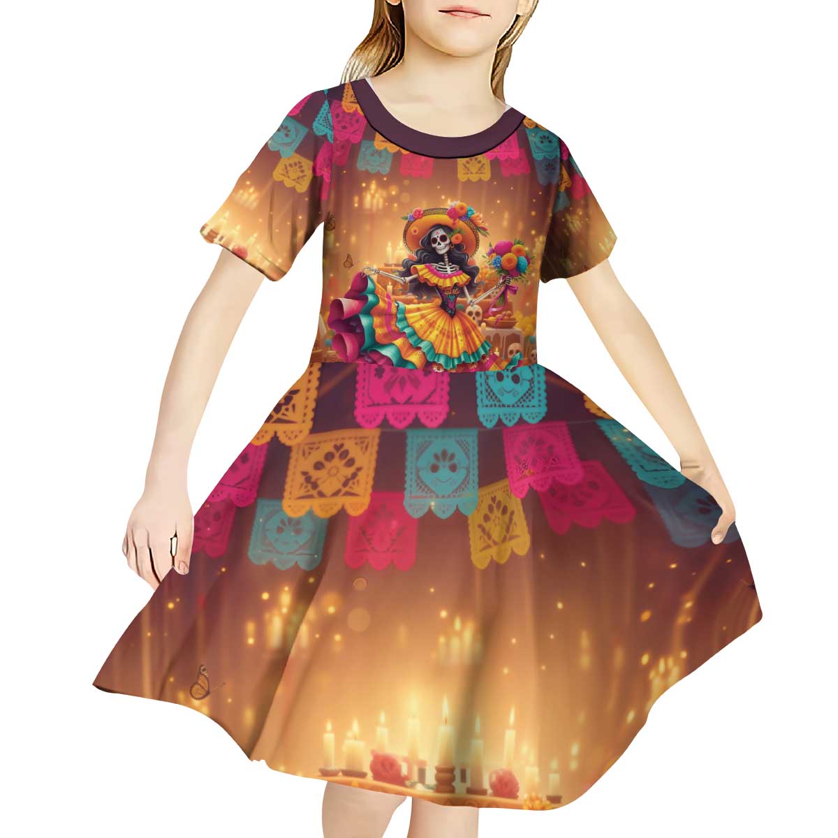Mexico Day Of The Dead Kid Short Sleeve Dress Día de los Muertos Catrina - Wonder Print Shop