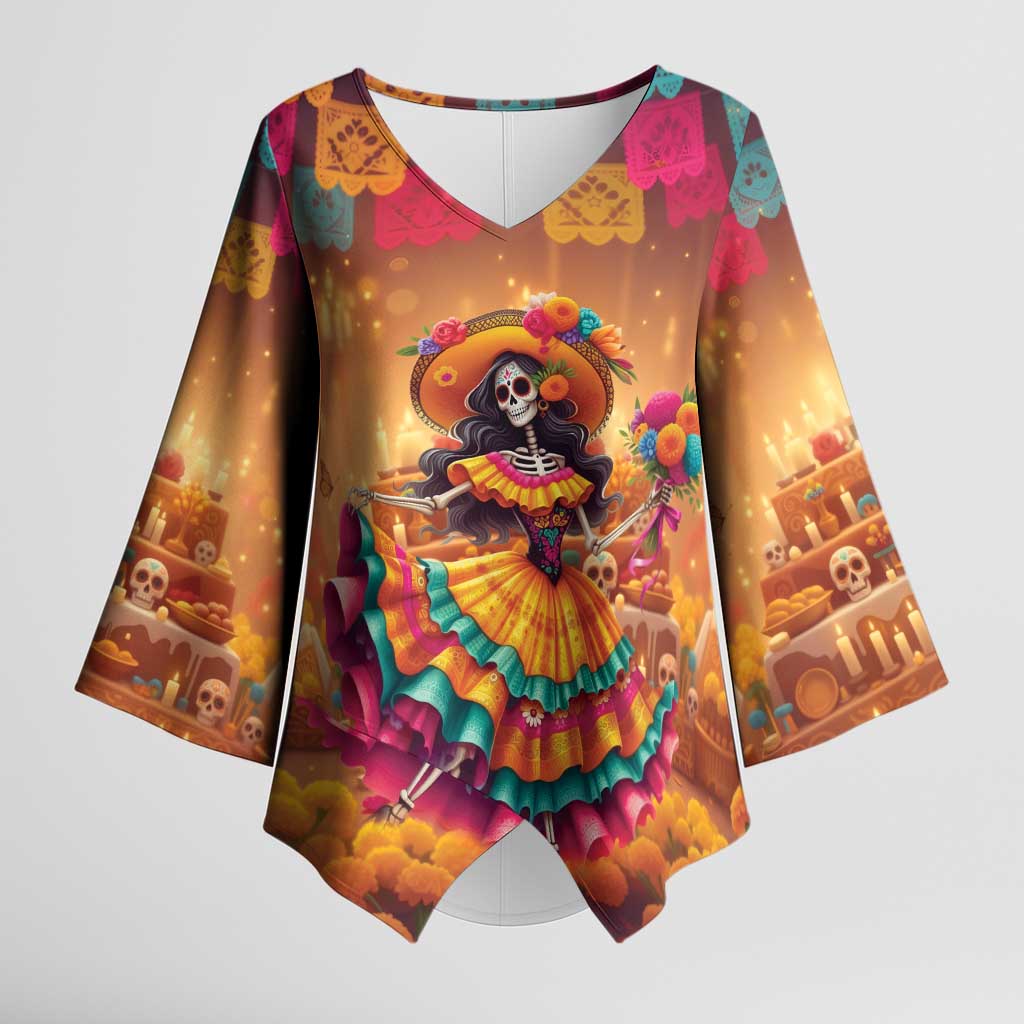 Mexico Day Of The Dead Kimono Sleeve Blouse Día de los Muertos Catrina - Wonder Print Shop