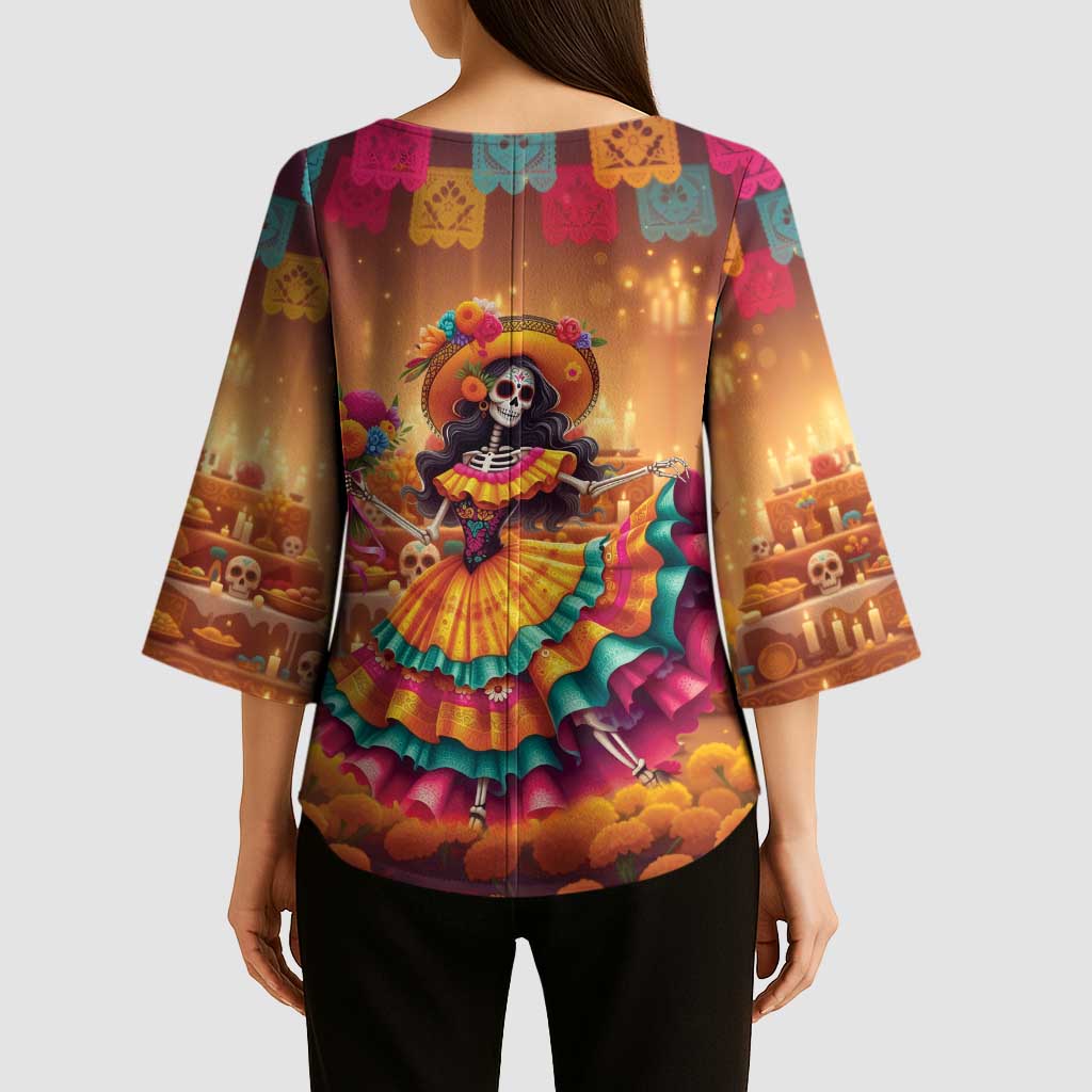 Mexico Day Of The Dead Kimono Sleeve Blouse Día de los Muertos Catrina - Wonder Print Shop