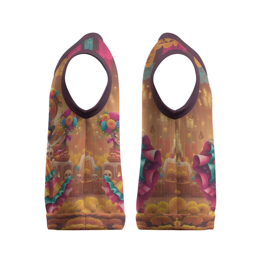 Mexico Day Of The Dead Christmas Knitted V-Neck Vest Día de los Muertos Catrina - Wonder Print Shop