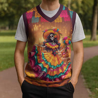 Mexico Day Of The Dead Christmas Knitted V-Neck Vest Día de los Muertos Catrina - Wonder Print Shop