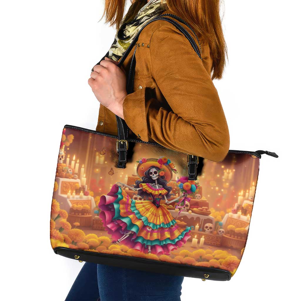 Mexico Day Of The Dead Leather Tote Bag Día de los Muertos Catrina - Wonder Print Shop