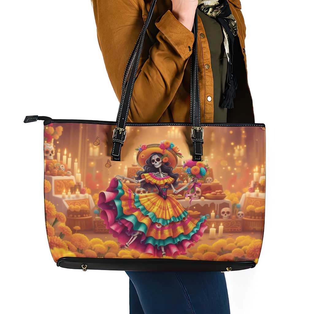 Mexico Day Of The Dead Leather Tote Bag Día de los Muertos Catrina - Wonder Print Shop