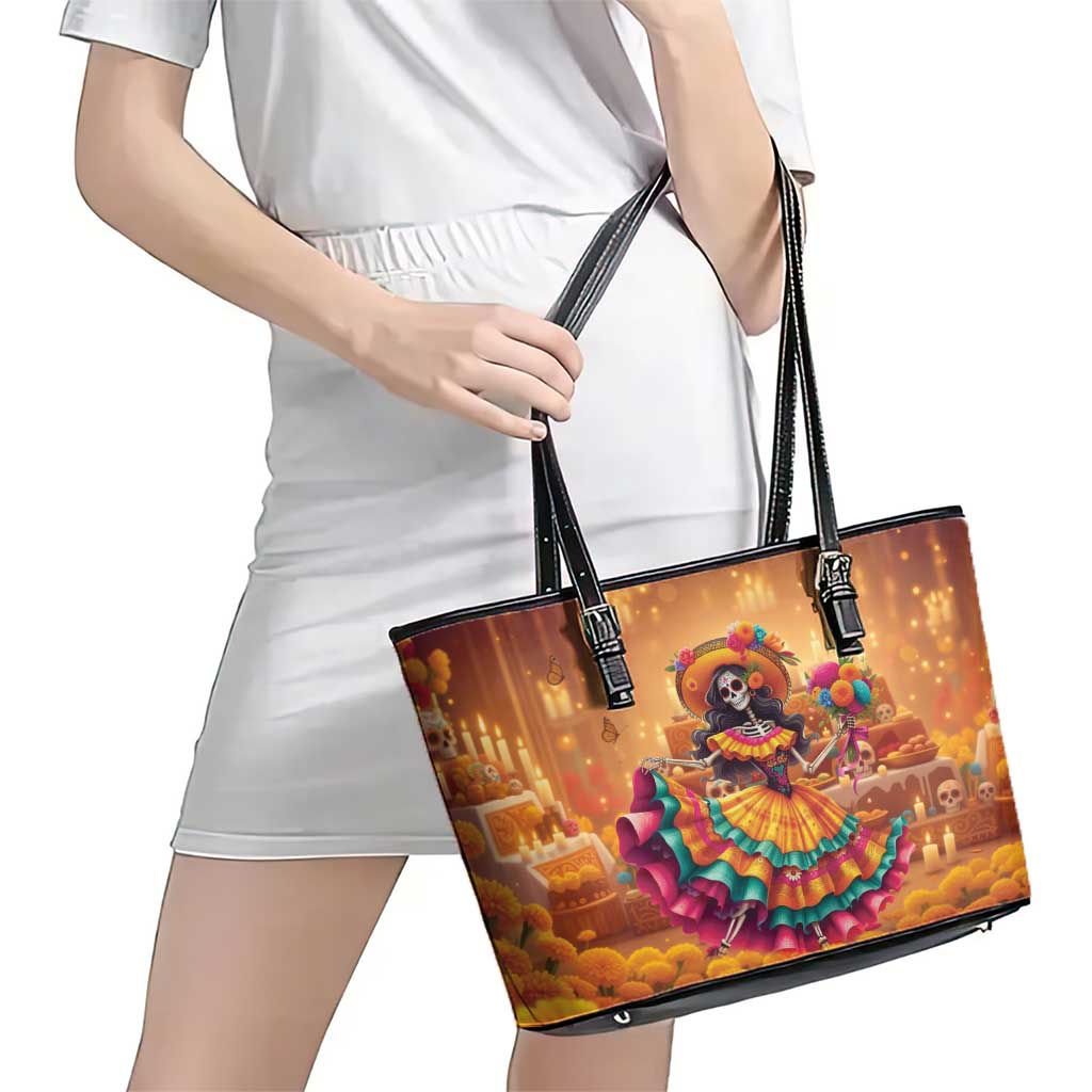 Mexico Day Of The Dead Leather Tote Bag Día de los Muertos Catrina - Wonder Print Shop