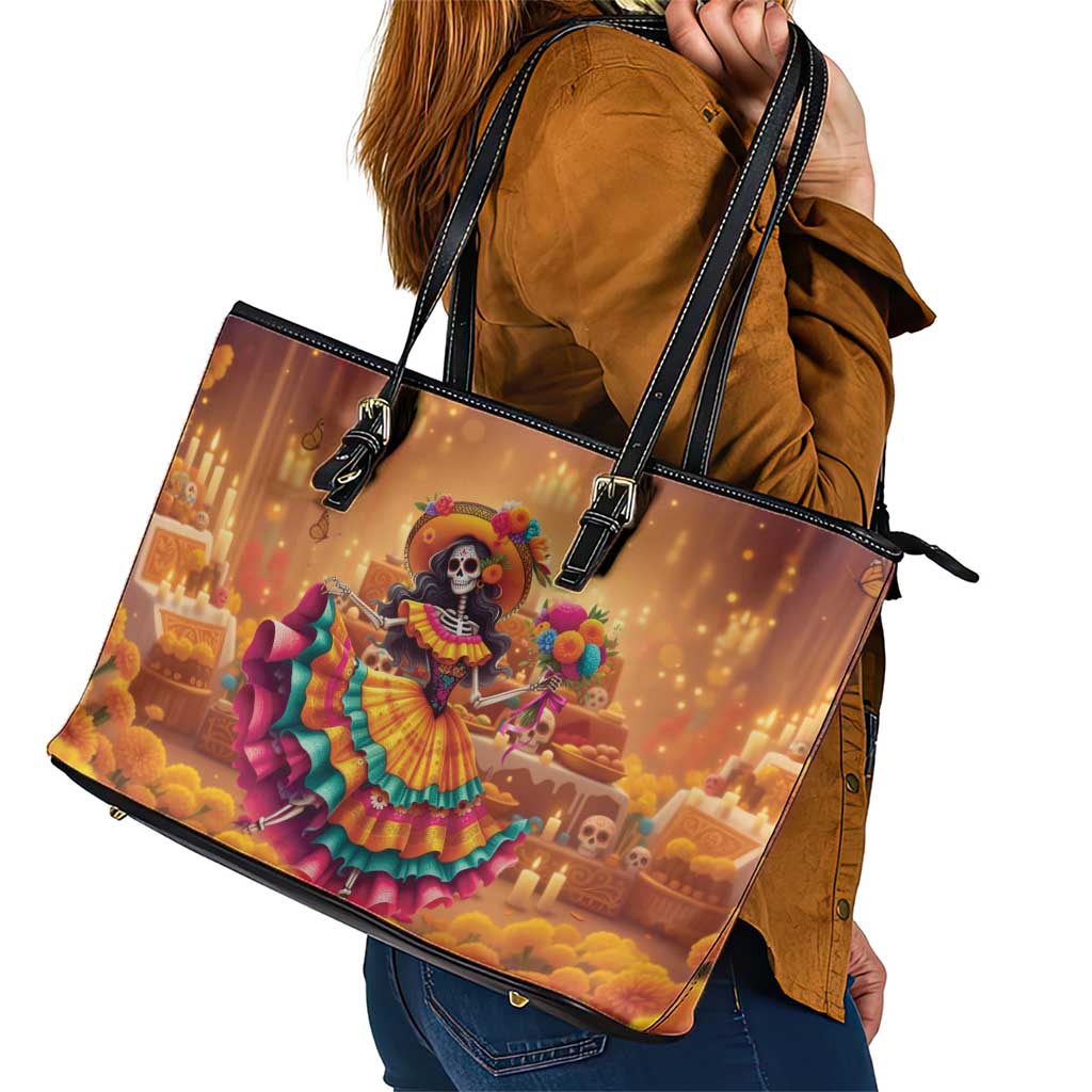 Mexico Day Of The Dead Leather Tote Bag Día de los Muertos Catrina - Wonder Print Shop