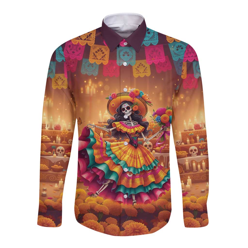 Mexico Day Of The Dead Long Sleeve Button Shirt Día de los Muertos Catrina - Wonder Print Shop