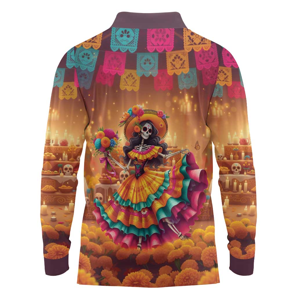 Mexico Day Of The Dead Long Sleeve Polo Shirt Día de los Muertos Catrina - Wonder Print Shop