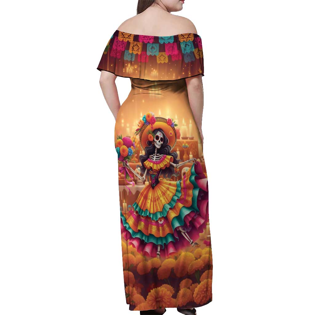 Mexico Day Of The Dead Off Shoulder Maxi Dress Día de los Muertos Catrina - Wonder Print Shop