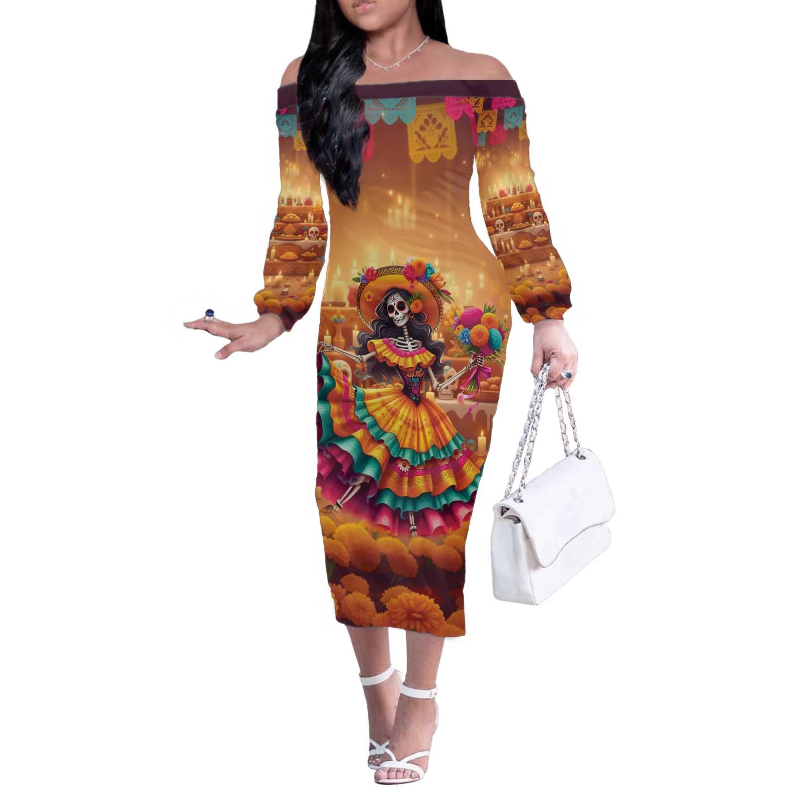 Mexico Day Of The Dead Off The Shoulder Long Sleeve Dress Día de los Muertos Catrina - Wonder Print Shop
