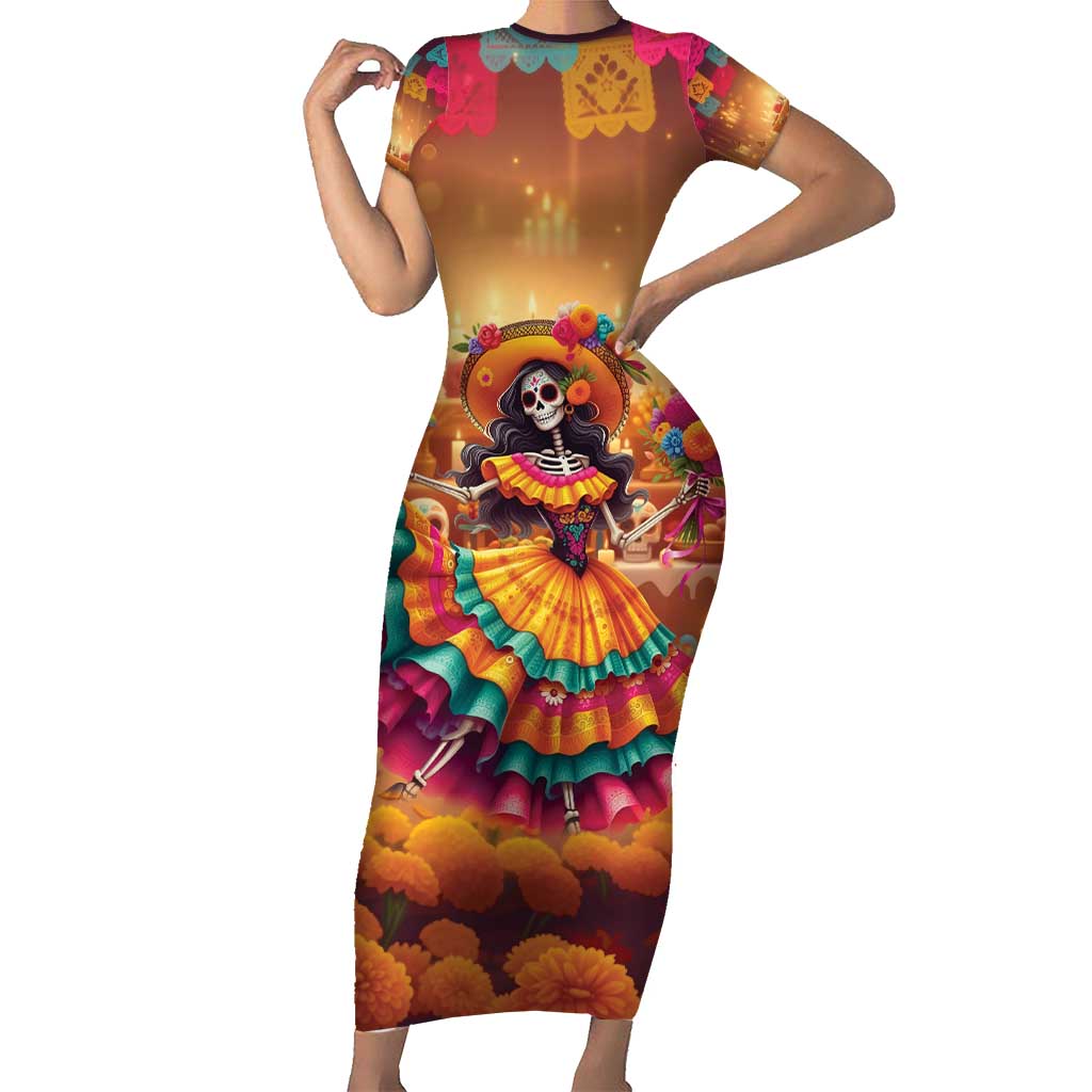 Mexico Day Of The Dead Short Sleeve Bodycon Dress Día de los Muertos Catrina - Wonder Print Shop