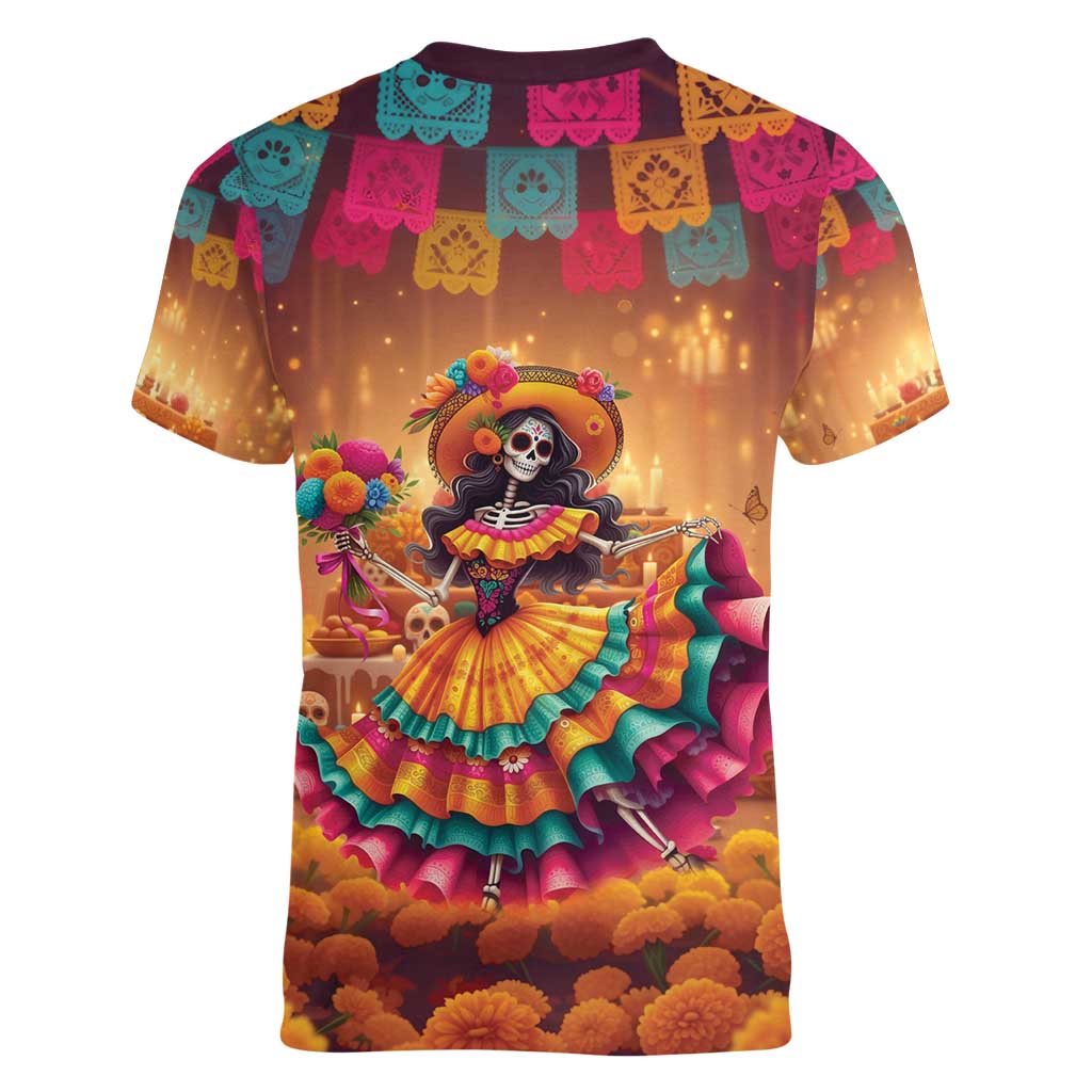 Mexico Day Of The Dead Women V-Neck T-Shirt Día de los Muertos Catrina - Wonder Print Shop